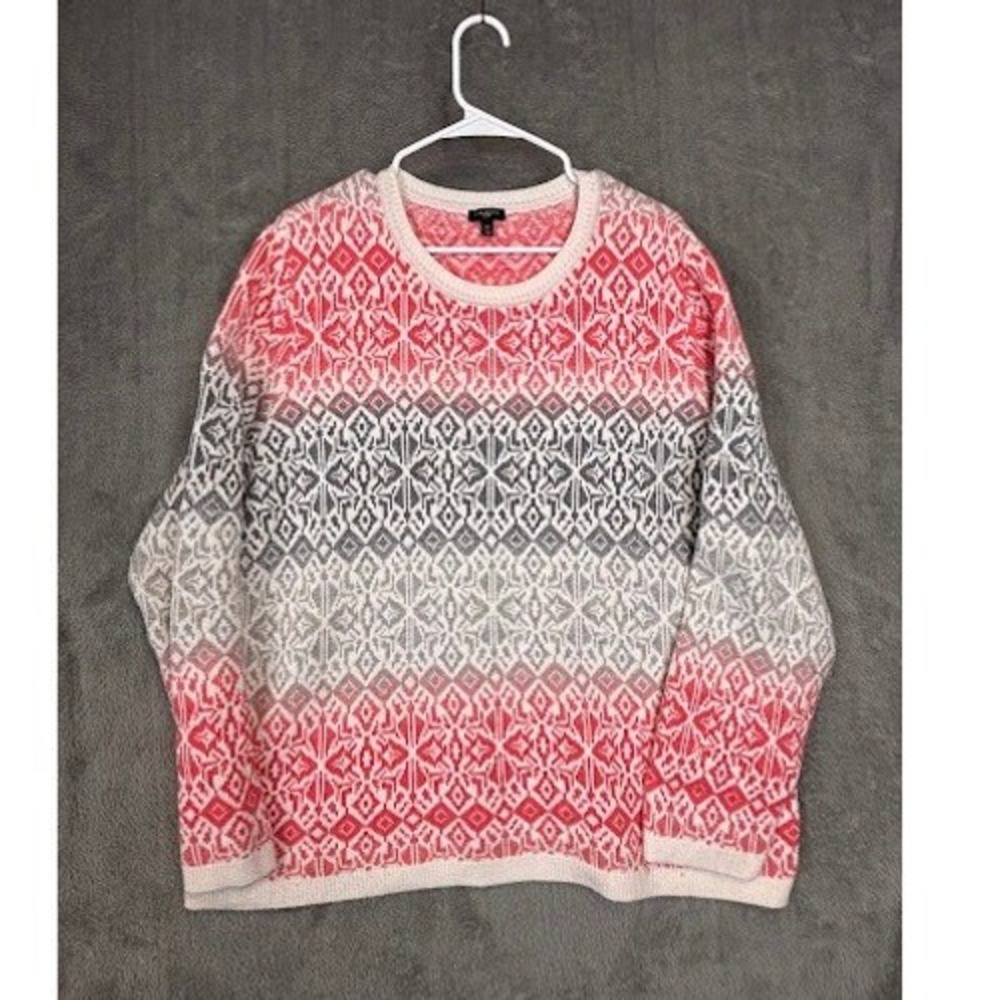 Talbots Woman 3X Lambswool Blend Fair Isle Sweater Coral Grey Ombre Crew Neck